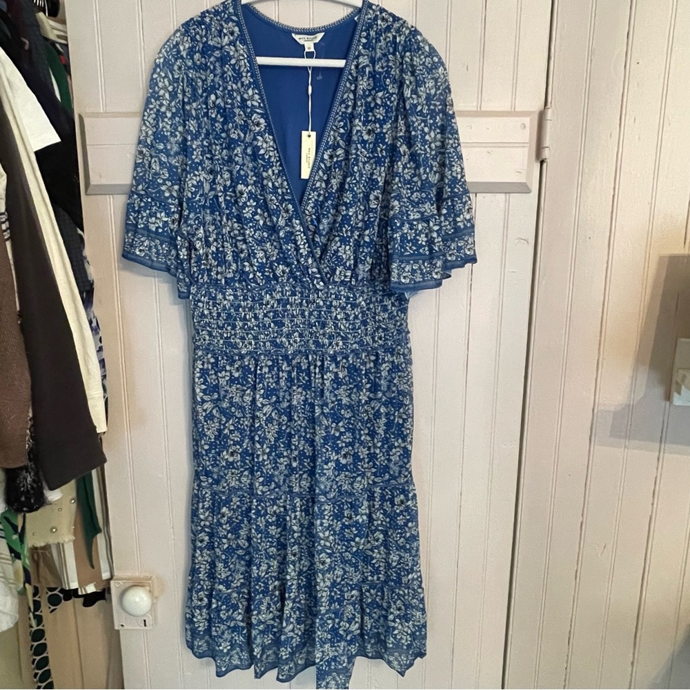 10. NWT Max Studio Blue and White Flutter Sleeve Midi Dress